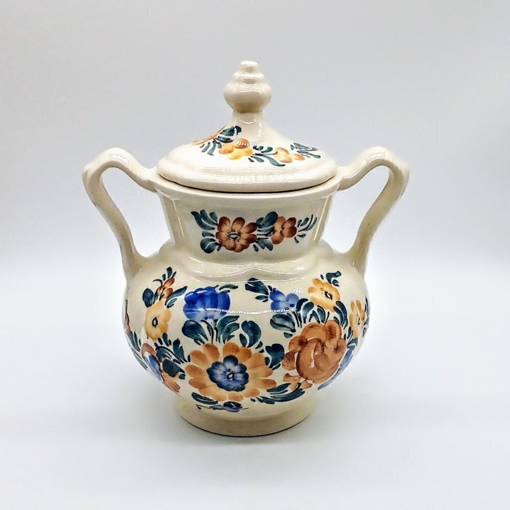 Vintage Wloclawek Poland Handpainted Faience Floral Ceramic Covered Vase